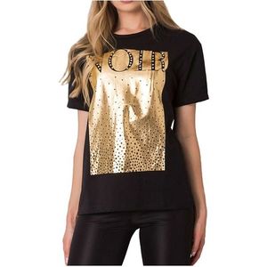 čierne dámske tričko so zlatou potlačou vyobraziť
