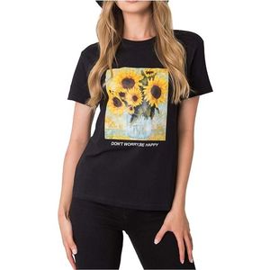 čierne dámske tričko s potlačou slnečníc vyobraziť