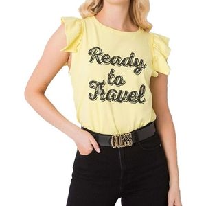 žlté dámske tričko s nápisom a volánmi vyobraziť