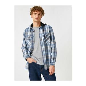 Koton Men's Blue Plaid Classic Collar Long Sleeved Pocket Shirt vyobraziť