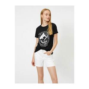 Koton Women's Black Cotton Short Sleeve Crew Neck Printed T-Shirt vyobraziť