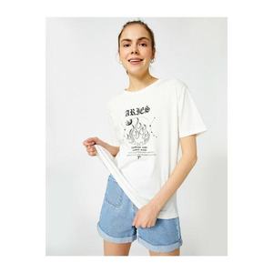 Koton Women's Ecru Printed Cotton Crew Neck T-Shirt vyobraziť