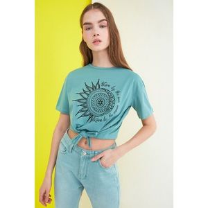 Trendyol Mint Lacing Detailed Printed Knitted T-Shirt vyobraziť