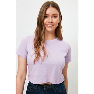 Trendyol Lilac 100% Organic Cotton Printed Crop Knitted T-Shirt vyobraziť