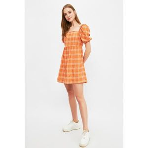 Trendyol Orange Checkered Square Neck Dress vyobraziť