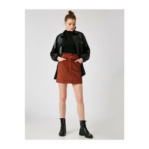 Koton Women's Brown High Waist Corduroy Mini Skirt vyobraziť