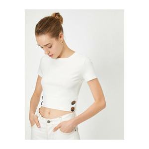 Koton Women's White Crew Neck Short Sleeve Button Detail T-shirt vyobraziť