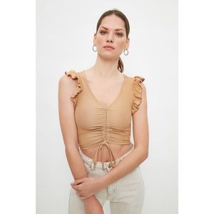 Trendyol Camel Pleated and Ribbed Crop Knitted Blouse vyobraziť