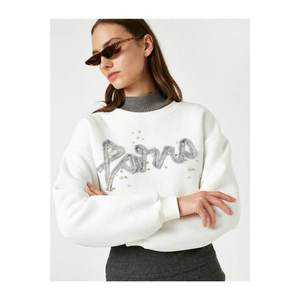 Koton Women Ecru Cotton Crew Neck Pearl Slogan Sweatshirt vyobraziť