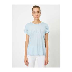 Koton Women's Blue Bike Collar Short Sleeve Printed T-Shirt vyobraziť