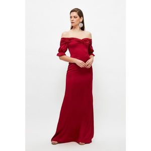 Trendyol Burgundy Shirred Detailed Satin Evening Dress & Graduation Dress vyobraziť
