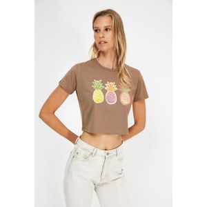 Trendyol Brown 100% Organic Cotton Printed Crop Knitted T-Shirt vyobraziť