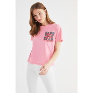 Trendyol Pink Printed Semifitted Knitted T-Shirt vyobraziť