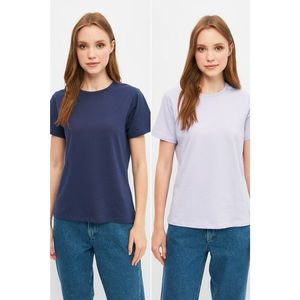 Trendyol Navy Blue-Lilac 100% Cotton Single Jersey Crew Neck 2-Pack Knitted T-Shirt vyobraziť