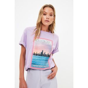 Trendyol Lilac Printed Boyfriend Knitted T-Shirt vyobraziť