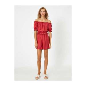 Koton Women's Red Off The Shoulder Short Sleeve Ruffle Jumpsuit vyobraziť
