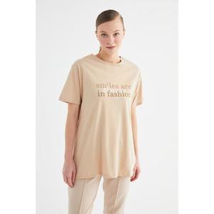 Trendyol Beige Printed Knitted Tunic T-shirt vyobraziť