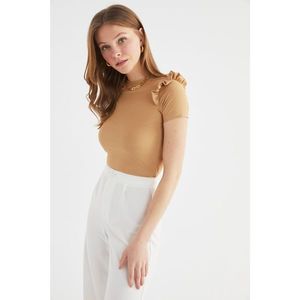 Trendyol Stone Frilly and Ribbed Crop Knitted Blouse vyobraziť