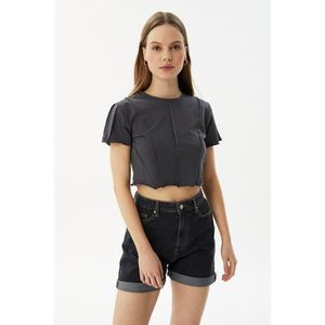 Trendyol Anthracite Piping Crop Knitted Blouse vyobraziť