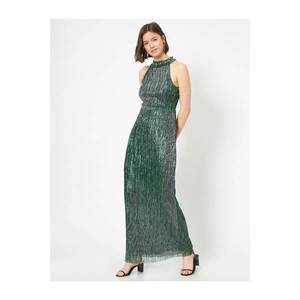 Koton Women's Green Metallic Tulle Ruffle and Tas Detailed Halter Neck Long Evening Dress vyobraziť