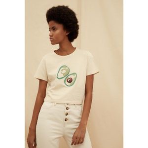 Trendyol Beige 100% Organic Cotton Crop Printed Knitted T-Shirt vyobraziť