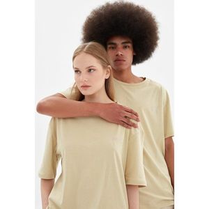 Trendyol Beige Unisex Oversize Embroidered T-Shirt vyobraziť