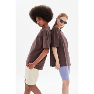 Trendyol Brown Unisex Oversize Embroidered T-Shirt vyobraziť