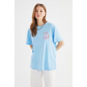 Trendyol Blue Front and Back Printed Boyfriend T-Shirt vyobraziť