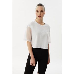 Trendyol White Embroidered Loose Crop Knitted T-Shirt With Fishnet Detail vyobraziť