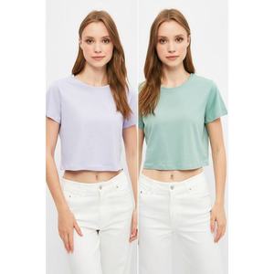 Trendyol Mint-Lilac 100% Cotton Crew Neck 2-Pack Crop Knitted T-Shirt vyobraziť