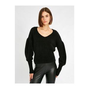 Koton Women's Black Crew Neck Long Puff Sleeve Sweater vyobraziť