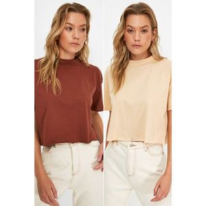 Trendyol Brown-Beige 2-Pack Crop Knitted T-Shirt vyobraziť