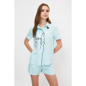 Trendyol Blue Cat Embroidered Woven Pajamas Set vyobraziť