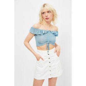 Trendyol Blue Gathered Corded Crop Knitted Blouse vyobraziť