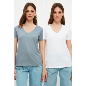 Trendyol White-Gray 100% Cotton Single Jersey V Neck 2 Pack Knitted T-Shirt vyobraziť