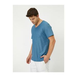 Koton Slim Fit Basic T-Shirt with Men's Blue V-Neck Pocket Flam vyobraziť