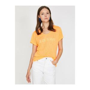 Koton Women's Orange V-Neck Short Sleeve T-Shirt vyobraziť