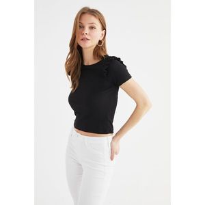 Trendyol Black Frilly and Ribbed Crop Knitted Blouse vyobraziť