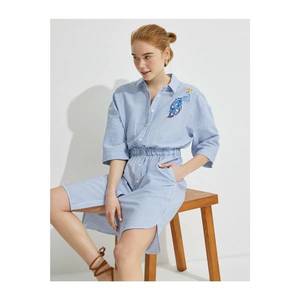 Koton Women's Blue Embroidered Shirt Collar Striped Dress vyobraziť