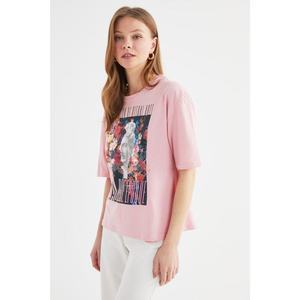 Trendyol Pink Printed Loose Knit T-Shirt vyobraziť