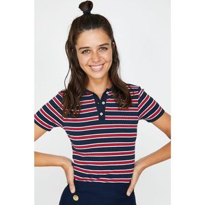 Koton Women's Navy Blue Short Sleeve Striped Polo Neck T-Shirt vyobraziť