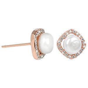 JwL Luxury Pearls Strieborné Rosegold náušnice s pravou bielou perlou a kryštály JL0252 vyobraziť