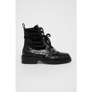 Členkové topánky AllSaints dámske, čierna farba, na plochom podpätku vyobraziť