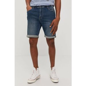 Rifľové krátke nohavice Produkt by Jack & Jones pánske, tmavomodrá farba vyobraziť