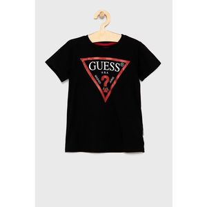 Detské bavlnené tričko Guess čierna farba, s potlačou vyobraziť