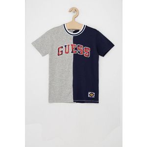 Detské bavlnené tričko Guess tmavomodrá farba, s nášivkou vyobraziť