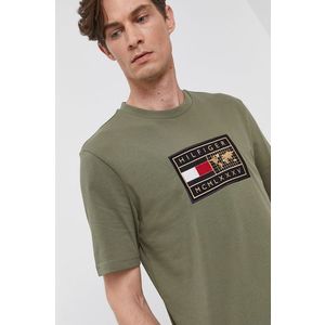 Bavlnené tričko Tommy Hilfiger béžová farba, s nášivkou vyobraziť