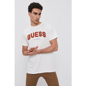 Bavlnené tričko Guess krémová farba, s nášivkou vyobraziť