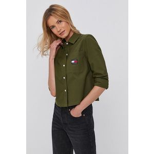 Bavlnená košeľa Tommy Jeans dámska, zelená farba, regular, s klasickým golierom vyobraziť