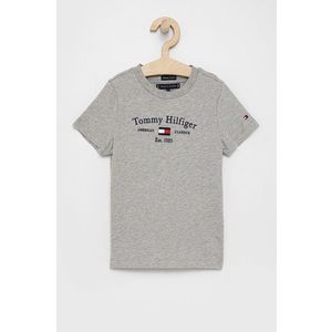 Detské bavlnené tričko Tommy Hilfiger šedá farba, s nášivkou vyobraziť